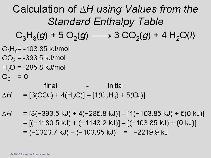 Calculation of H using Values from the Standard Enthalpy Table C 3 H 8(g)