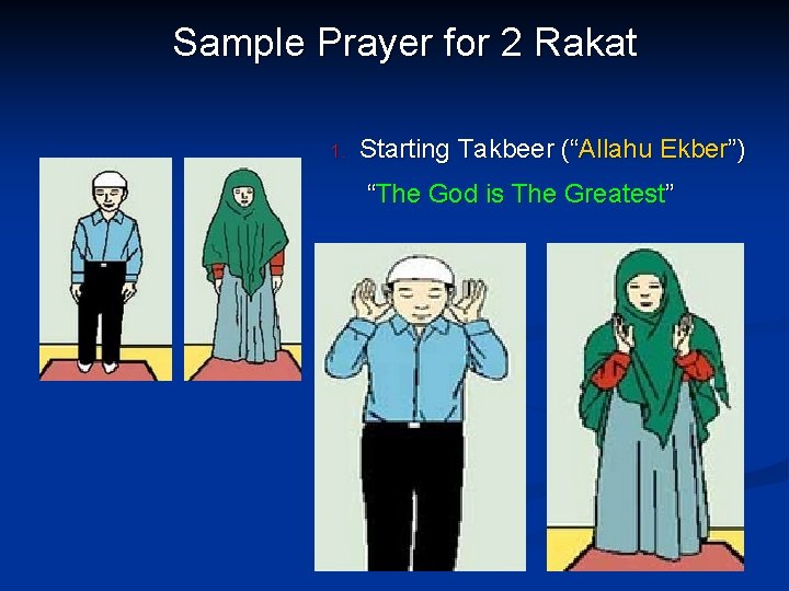 Sample Prayer for 2 Rakat 1. Starting Takbeer (“Allahu Ekber”) “The God is The