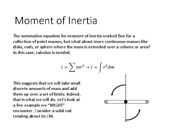 Moment of Inertia The summation equation for moment of inertia worked fine for a