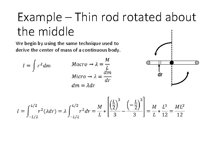 Example – Thin rod rotated about the middle We begin by using the same