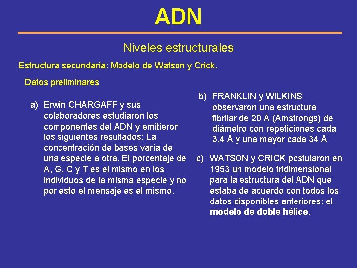 ADN Niveles estructurales Estructura secundaria: Modelo de Watson y Crick. Datos preliminares b) FRANKLIN