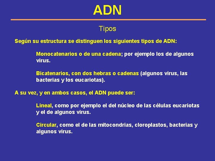 ADN Tipos Según su estructura se distinguen los siguientes tipos de ADN: Monocatenarios o