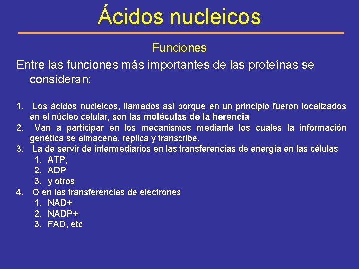 Ácidos nucleicos Funciones Entre las funciones más importantes de las proteínas se consideran: 1.
