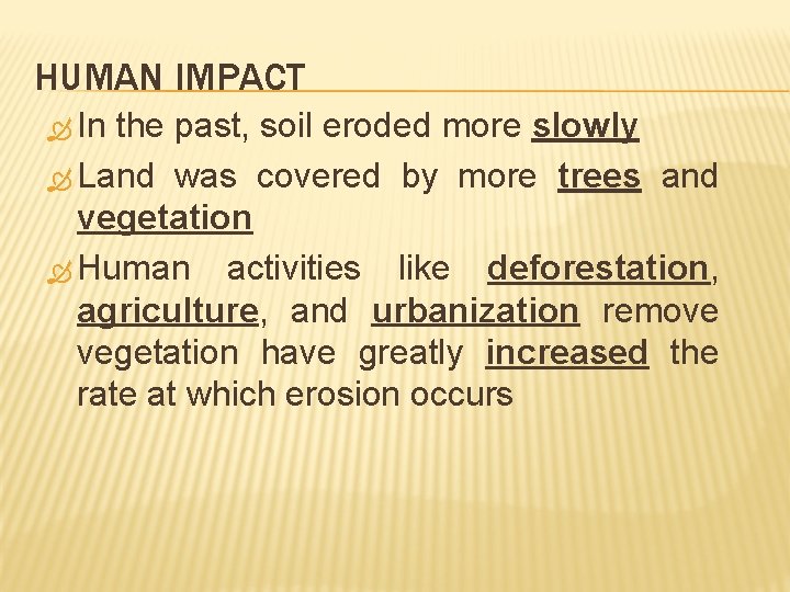 HUMAN IMPACT In the past, soil eroded more slowly Land was covered by more