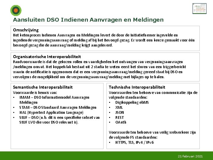 Aansluiten DSO Indienen Aanvragen en Meldingen Omschrijving Het ketenproces Indienen Aanvragen en Meldingen levert