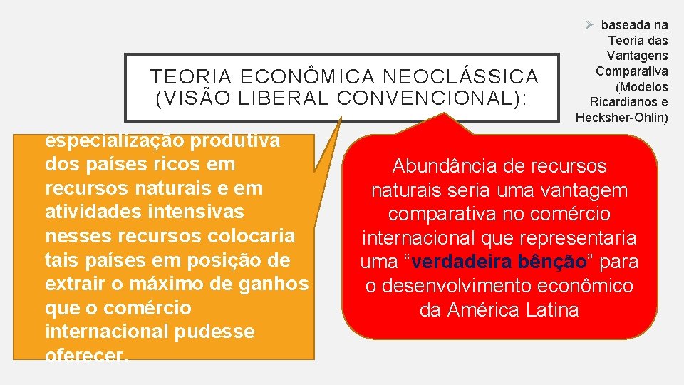 TEORIA ECONÔMICA NEOCLÁSSICA (VISÃO LIBERAL CONVENCIONAL): especialização produtiva dos países ricos em recursos naturais