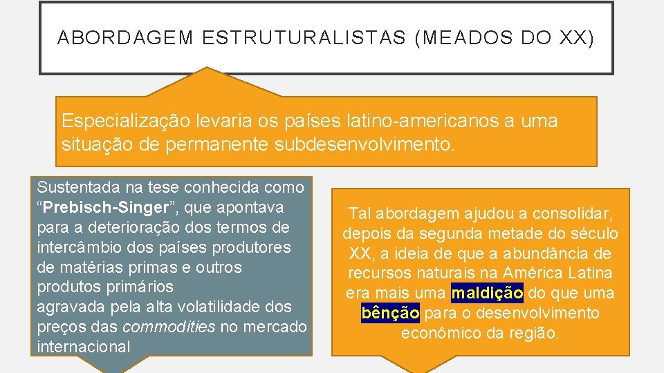 ABORDAGEM ESTRUTURALISTAS (MEADOS DO XX) Especialização levaria os países latino-americanos a uma situação de