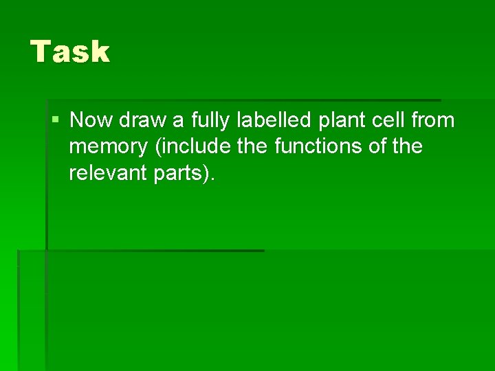 Task § Now draw a fully labelled plant cell from memory (include the functions