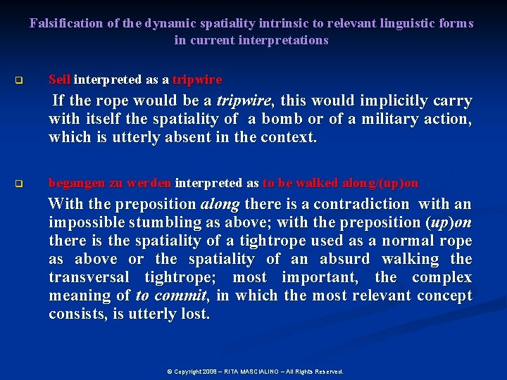 Falsification of the dynamic spatiality intrinsic to relevant linguistic forms in current interpretations q
