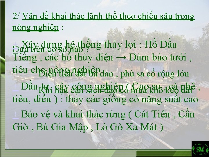 2/ Vấn đề khai thác lãnh thổ theo chiều sâu trong nông nghiệp :