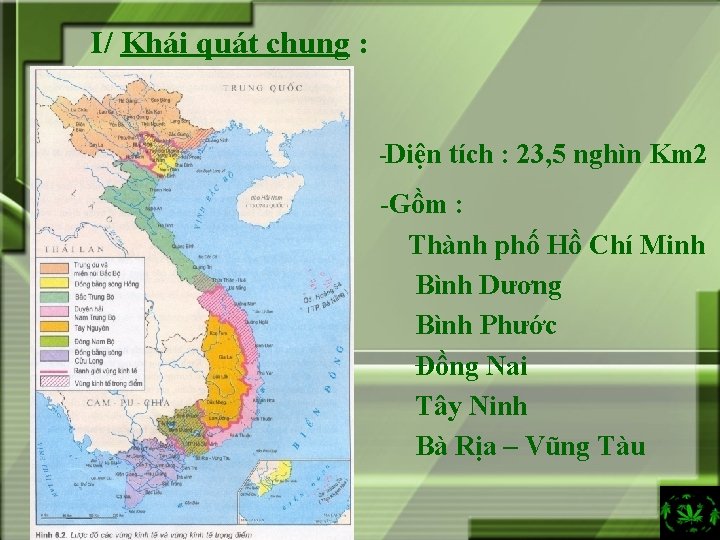 I/ Khái quát chung : -Diện tích : 23, 5 nghìn Km 2 -Gồm