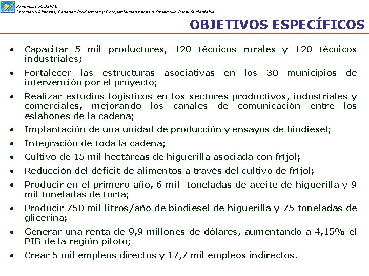 Ponencias FODEPAL Seminario Alianzas, Cadenas Productivas y Competitividad para un Desarrollo Rural Sustentable OBJETIVOS