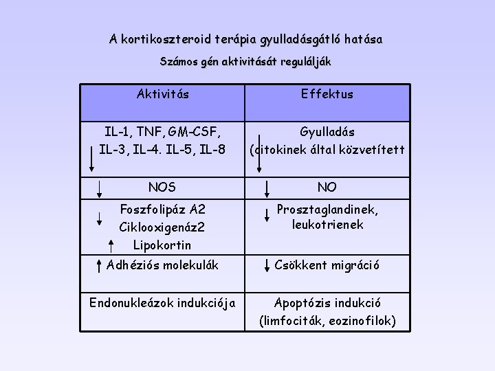 A kortikoszteroid terápia gyulladásgátló hatása Számos gén aktivitását regulálják Aktivitás Effektus IL-1, TNF, GM-CSF,