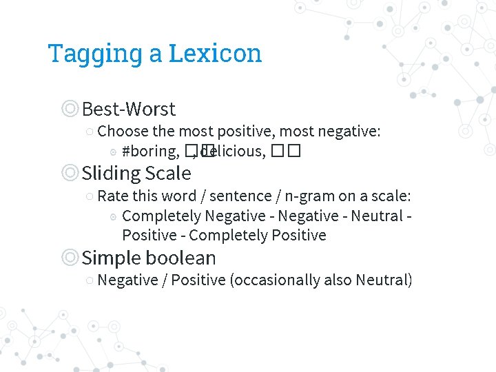 Tagging a Lexicon ◎Best-Worst ○ Choose the most positive, most negative: ◉ #boring, ��