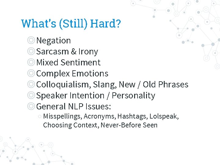 What’s (Still) Hard? ◎Negation ◎Sarcasm & Irony ◎Mixed Sentiment ◎Complex Emotions ◎Colloquialism, Slang, New