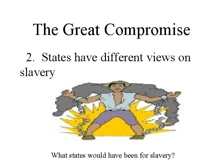 The Great Compromise 2. States have different views on slavery What states would have