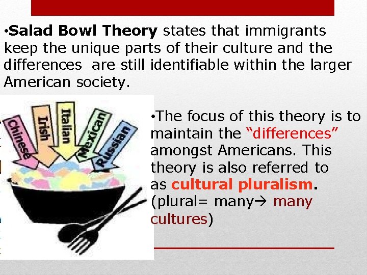  • Salad Bowl Theory states that immigrants keep the unique parts of their