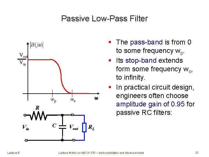 Passive Low-Pass Filter Vout Vin wp ws C Vout w R Vin Lecture 5 Passive Low-Pass Filter Vout Vin wp ws C Vout w R Vin Lecture 5