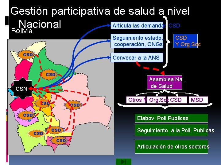 Gestión participativa de salud a nivel Articula las demandas CSD Nacional Bolivia Seguimiento estado,