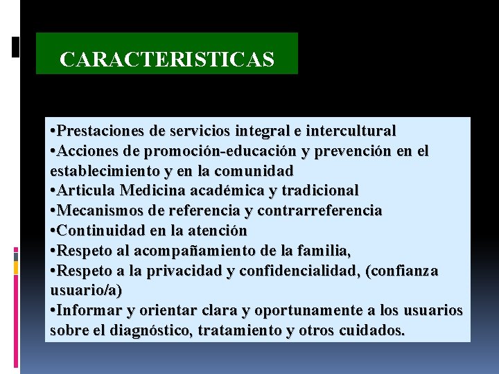 CARACTERISTICAS • Prestaciones de servicios integral e intercultural • Acciones de promoción-educación y prevención