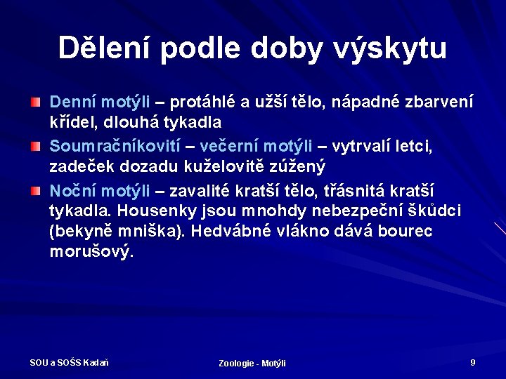 Dělení podle doby výskytu Denní motýli – protáhlé a užší tělo, nápadné zbarvení křídel,