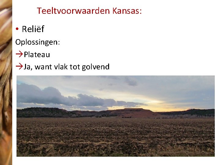 Teeltvoorwaarden Kansas: • Reliëf Oplossingen: àPlateau àJa, want vlak tot golvend 