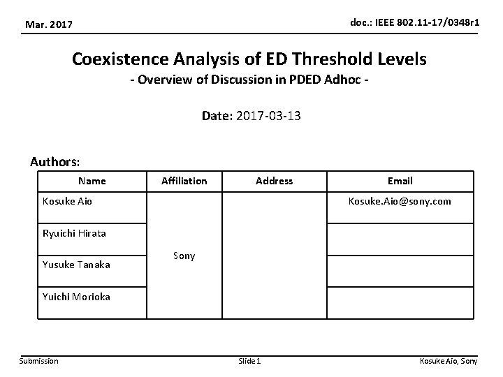doc. : IEEE 802. 11 -17/0348 r 1 Mar. 2017 Coexistence Analysis of ED