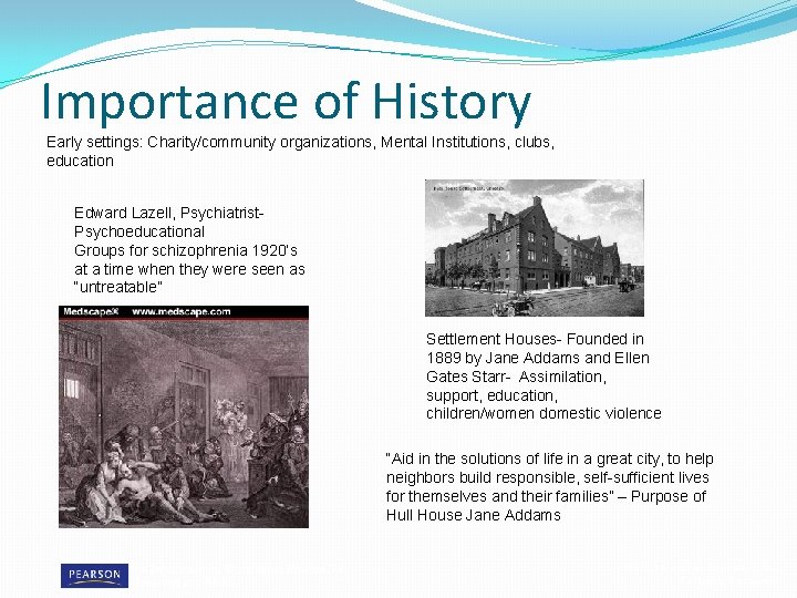 Importance of History Early settings: Charity/community organizations, Mental Institutions, clubs, education Edward Lazell, Psychiatrist.