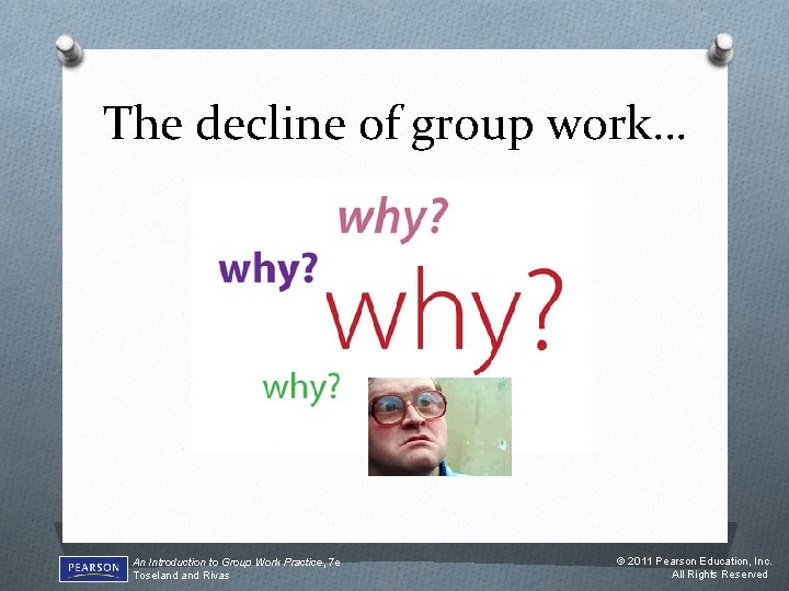 The decline of group work… An Introduction to Group Work Practice, 7 e Toseland