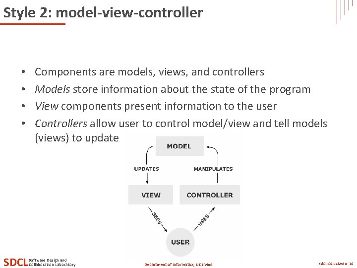 Style 2: model-view-controller • • SDCL Components are models, views, and controllers Models store Style 2: model-view-controller • • SDCL Components are models, views, and controllers Models store