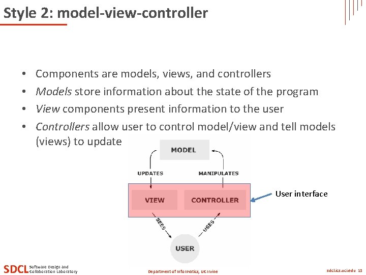 Style 2: model-view-controller • • Components are models, views, and controllers Models store information Style 2: model-view-controller • • Components are models, views, and controllers Models store information