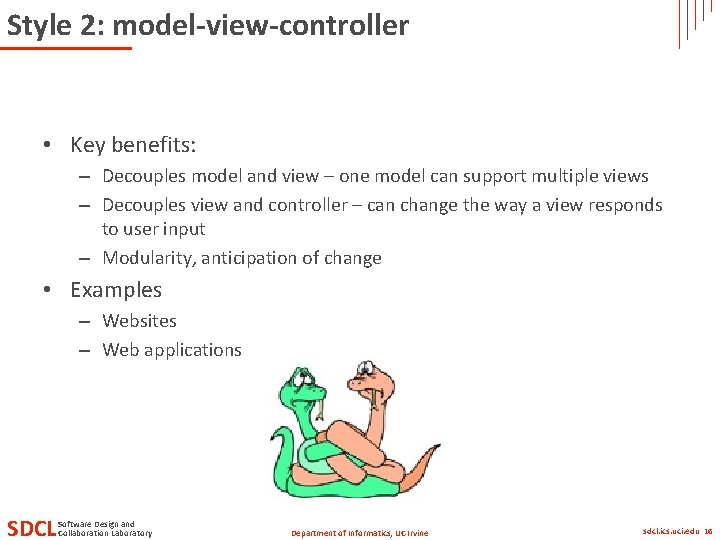 Style 2: model-view-controller • Key benefits: – Decouples model and view – one model Style 2: model-view-controller • Key benefits: – Decouples model and view – one model