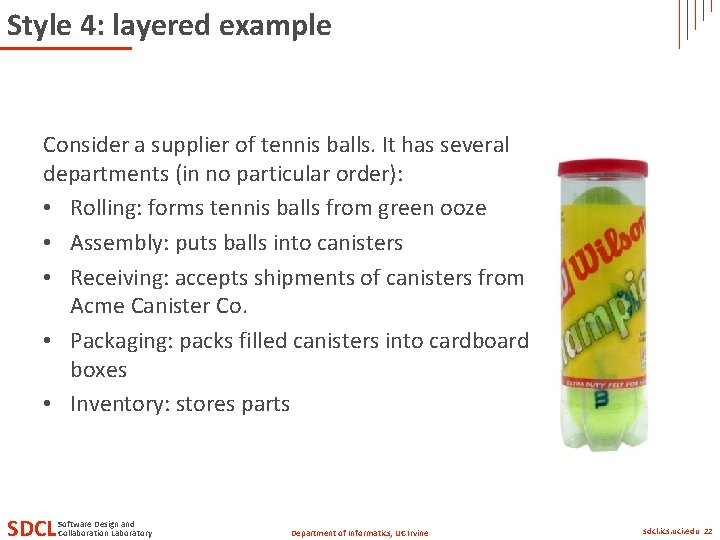 Style 4: layered example Consider a supplier of tennis balls. It has several departments Style 4: layered example Consider a supplier of tennis balls. It has several departments