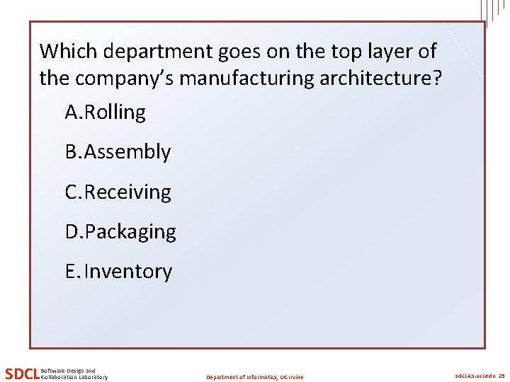 Which department goes on the top layer of the company’s manufacturing architecture? A. Rolling Which department goes on the top layer of the company’s manufacturing architecture? A. Rolling