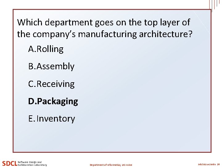 Which department goes on the top layer of the company’s manufacturing architecture? A. Rolling Which department goes on the top layer of the company’s manufacturing architecture? A. Rolling