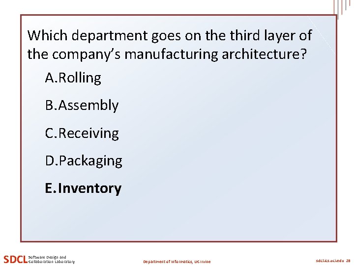 Which department goes on the third layer of the company’s manufacturing architecture? A. Rolling Which department goes on the third layer of the company’s manufacturing architecture? A. Rolling