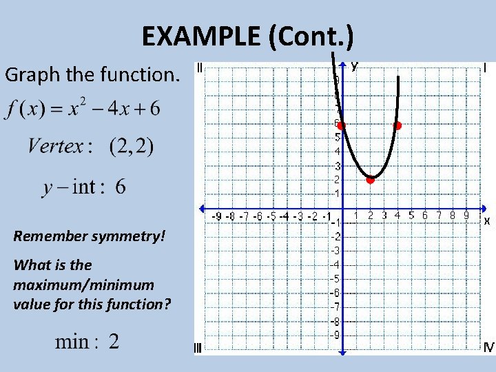 EXAMPLE (Cont. ) Graph the function. Remember symmetry! What is the maximum/minimum value for