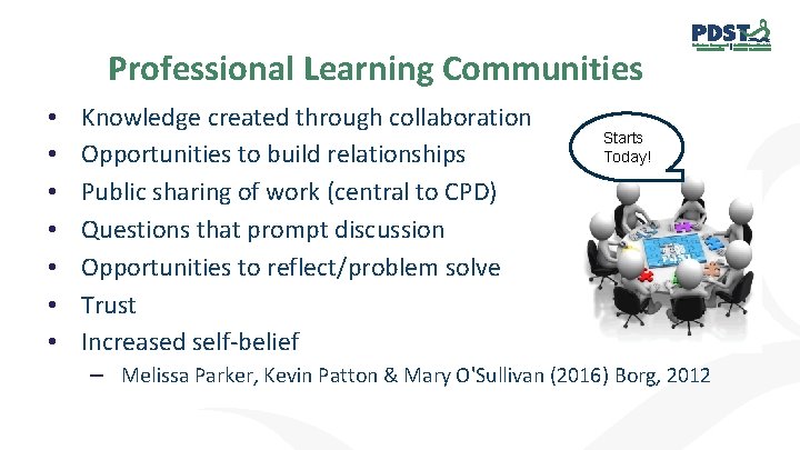 Professional Learning Communities • • Knowledge created through collaboration Opportunities to build relationships Public