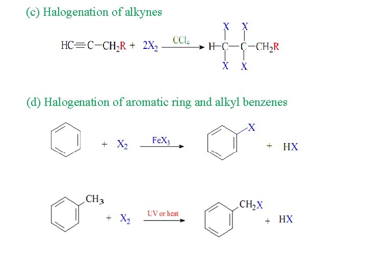 (c) Halogenation of alkynes (d) Halogenation of aromatic ring and alkyl benzenes 
