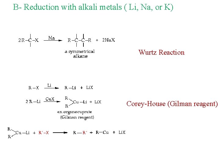 B- Reduction with alkali metals ( Li, Na, or K) Wurtz Reaction Corey-House (Gilman