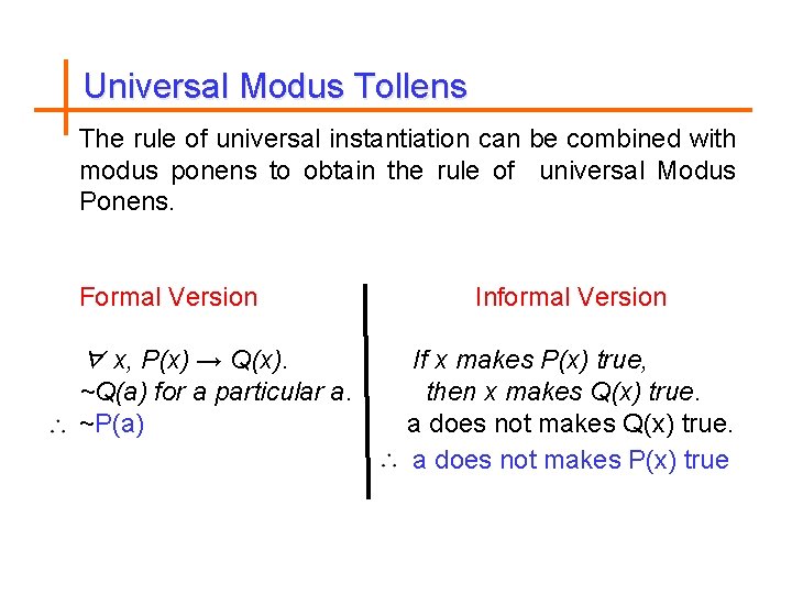 Universal Modus Tollens The rule of universal instantiation can be combined with modus ponens