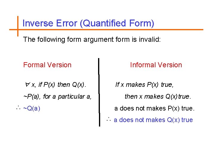 Inverse Error (Quantified Form) The following form argument form is invalid: Formal Version ∀