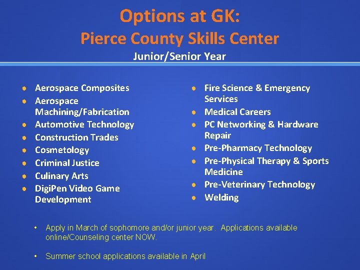 Options at GK: Pierce County Skills Center Junior/Senior Year ● Aerospace Composites ● Aerospace