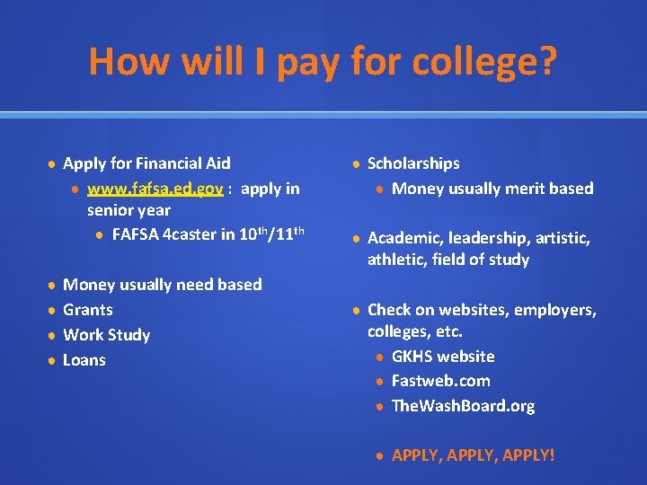 How will I pay for college? ● Apply for Financial Aid ● www. fafsa.