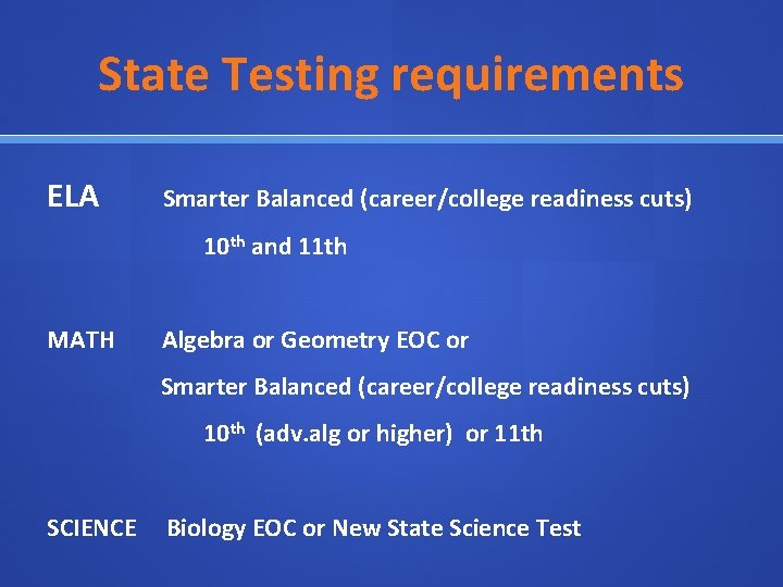 State Testing requirements ELA Smarter Balanced (career/college readiness cuts) 10 th and 11 th