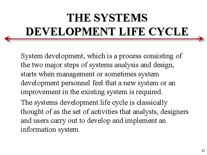 THE SYSTEMS DEVELOPMENT LIFE CYCLE System development, which is a process consisting of the