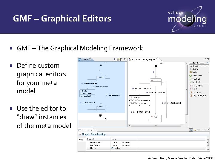 GMF – Graphical Editors GMF – The Graphical Modeling Framework Define custom graphical editors