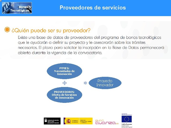 Proveedores de servicios PYMES: Necesidades de Innovación Proyecto Innovador PROVEEDORES: Oferta de Servicios de