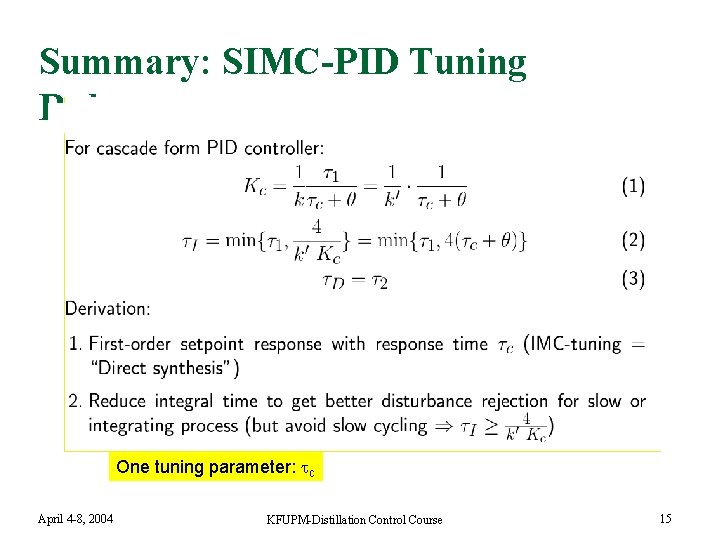 Summary: SIMC-PID Tuning Rules One tuning parameter: c April 4 -8, 2004 KFUPM-Distillation Control