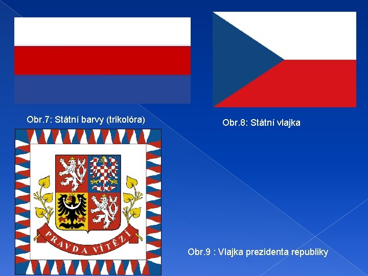 Obr. 7: Státní barvy (trikolóra) Obr. 8: Státní vlajka Obr. 9 : Vlajka prezidenta Obr. 7: Státní barvy (trikolóra) Obr. 8: Státní vlajka Obr. 9 : Vlajka prezidenta